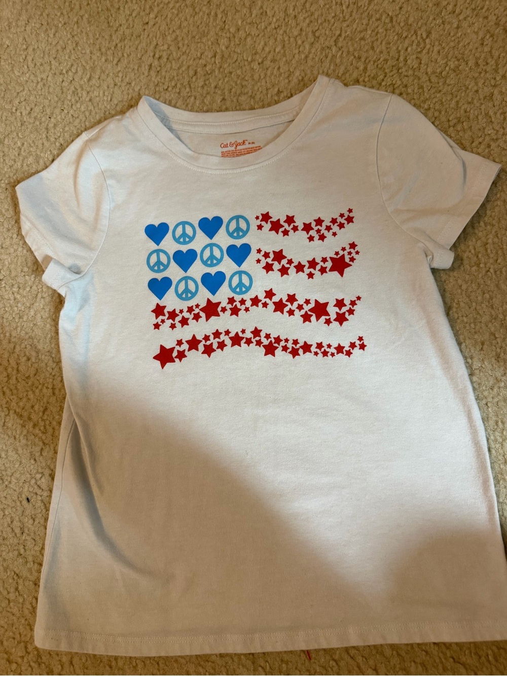 Cat & Jack White Graphic Tee with Blue Hearts & Peace Signs and Red Star Stripes